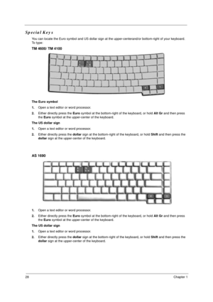 Page 3528Chapter 1
Special Keys
You can locate the Euro symbol and US dollar sign at the upper-centerand/or bottom-right of your keyboard. 
To  t y p e :
TM 4600/ TM 4100
The Euro symbol
1.Open a text editor or word processor.
2.Either directly press the Euro symbol at the bottom-right of the keyboard, or hold Alt Gr and then press 
the Euro symbol at the upper-center of the keyboard.
The US dollar sign
1.Open a text editor or word processor.
2.Either directly press the dollar sign at the bottom-right of the...