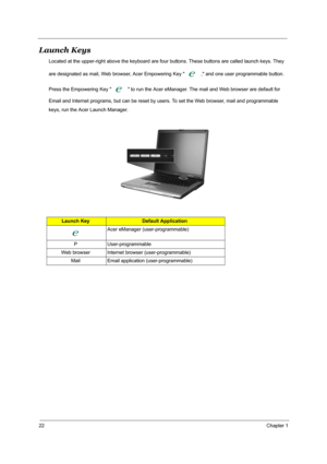 Page 3122Chapter 1
Launch Keys
Located at the upper-right above the keyboard are four buttons. These buttons are called launch keys. They
are designated as mail, Web browser, Acer Empowering Key   , and one user programmable button.
Press the Empowering Key    to run the Acer eManager. The mail and Web browser are default for
Email and Internet programs, but can be reset by users. To set the Web browser, mail and programmable
keys, run the Acer Launch Manager. 
Launch KeyDefault Application
Acer eManager...