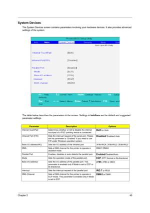 Page 53Chapter 245
System Devices
The System Devices screen contains parameters involving your hardware devices. It also provides advanced 
settings of the system.
The table below describes the parameters in the screen. Settings in  boldface are the default and suggested 
parameter settings.
ParameterDescriptionOptions
Internal TouchPad Determines whether  or not to disable the internal 
touchpad of a PS/2 point ing device is connected.
Both or Auto
Infrared Port (FIR) Sets the interrupt request of the serial...