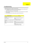 Page 77Chapter 467
Use the following procedure as a guide for computer problems.
NOTE: The diagnostic tests are intended to test only Acer products. Non-Acer products, prototype cards, or 
modified options can give false errors and invalid system responses.
1.Obtain the failing symptoms in as much detail as possible.
2.Verify the symptoms by attempting to re-create the failure by running the diagnostic test or by repeating 
the same operation.
3.Use the following table with the verified symptom to determine...