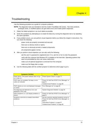 Page 83Chapter 475
Use the following procedure as a guide for computer problems.
NOTE: The diagnostic tests are intended to test this model (TravelMate 430 series).  Non-Acer products, 
prototype cards, or modified options can give false errors and invalid system responses.
1.Obtain the failed symptoms in as much detail as possible.
2.Verify the symptoms by attempting to re-create the failure by running the diagnostic test or by repeating 
the same operation.
3.If any problem occurs, you can perform visual...