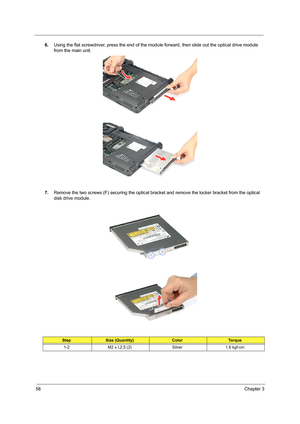 Page 6858Chapter 3
6.Using the flat screwdriver, press the end of the module forward, then slide out the optical drive module 
from the main unit.   
7.Remove the two screws (F) securing the optical bracket and remove the locker bracket from the optical 
disk drive module.   
StepSize (Quantity)ColorTo r q u e
1-2 M2 x L2.5 (2) Silver 1.6 kgf-cm 