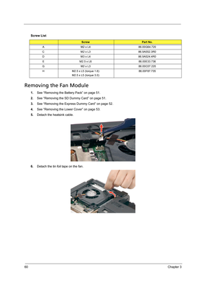 Page 7060Chapter 3
Removing the Fan Module
1.See “Removing the Battery Pack” on page 51.
2.See “Removing the SD Dummy Card” on page 51.
3.See “Removing the Express Dummy Card” on page 52.
4.See “Removing the Lower Cover” on page 53.
5.Detach the heatsink cable. 
6.Detach the tin foil tape on the fan.  Screw List
ScrewPart No.
A M2 x L4 86.00G64.720
C M2 x L3 86.9A552.3R0
D M3 x L4 86.9A524.4R0
E M2.5 x L6 86.00E33.736
G M2 x L3  86.00C07.220
H M2.5 x L5 (torque 1.6)
M2.5 x L5 (torque 3.0)86.00F87.735 