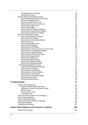 Page 8viii
Pre-disassembly Instructions  48
Disassembly Process  49
External Module Disassembly Process  50
External Modules Disassembly Flowchart  50
Removing the Battery Pack  51
Removing the SD Dummy Card  51
Removing the Express Dummy Card  52
Removing the Lower Cover  53
Removing the DIMM  53
Removing the WLAN Board Modules  54
Removing the Hard Disk Drive Module  55
Removing the Optical Drive Module  57
Main Unit Disassembly Process  59
Main Unit Disassembly Flowchart  59
Removing the Fan Module  60...