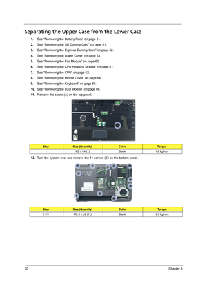 Page 8070Chapter 3
Separating the Upper Case from the Lower Case
1.See “Removing the Battery Pack” on page 51.
2.See “Removing the SD Dummy Card” on page 51.
3.See “Removing the Express Dummy Card” on page 52.
4.See “Removing the Lower Cover” on page 53.
5.See “Removing the Fan Module” on page 60.
6.See “Removing the CPU Heatsink Module” on page 61.
7.See “Removing the CPU” on page 62.
8.See “Removing the Middle Cover” on page 64.
9.See “Removing the Keyboard” on page 65.
10.See “Removing the LCD Module” on...