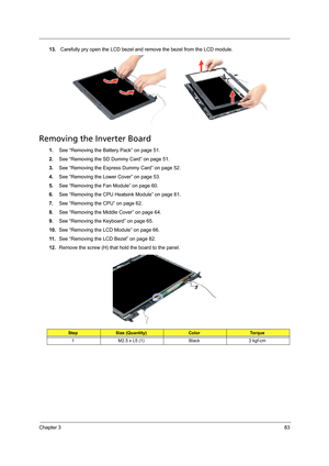 Page 93Chapter 383
13. Carefully pry open the LCD bezel and remove the bezel from the LCD module. 
Removing the Inverter Board
1.See “Removing the Battery Pack” on page 51.
2.See “Removing the SD Dummy Card” on page 51.
3.See “Removing the Express Dummy Card” on page 52.
4.See “Removing the Lower Cover” on page 53.
5.See “Removing the Fan Module” on page 60.
6.See “Removing the CPU Heatsink Module” on page 61.
7.See “Removing the CPU” on page 62.
8.See “Removing the Middle Cover” on page 64.
9.See “Removing the...