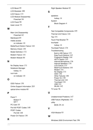 Page 216206
LCD Bezel 95
LCD Brackets 100
LCD Failure 133
LCD Module Disassembly
Flowchart
 94
LCD Panel 99
lower cover 53
M
Main Unit Disassembly
Flowchart
 62
Mainboard 85
media access
on indicator
 10
MediaTouch Button Failure 144
Memory Check 130
Model Definition 172
Modem Failure 141
Modem Module 84
N
No Display Issue 131
Notebook Manager
hotkey
 14
num lock
on indicator
 10
O
ODD Failure 138
Online Support Information 203
optical drive module 60
P
Panel 5
Bottom 9
left 5
PC Card 10
Port 80 POST Codes 148...