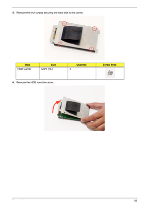 Page 69Chapter 359
5.Remove the four screws securing the hard disk to the carrier.
6.Remove the HDD from the carrier.
StepSizeQuantityScrew Type
HDD Carrier M3*3 (NL) 4 