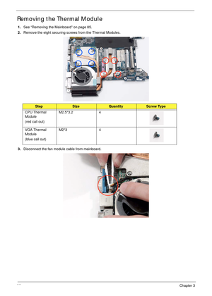 Page 10090Chapter 3
Removing the Thermal Module
1.See “Removing the Mainboard” on page 85.
2.Remove the eight securing screws from the Thermal Modules.
3.Disconnect the fan module cable from mainboard.
StepSizeQuantityScrew Type
CPU Thermal 
Module
(red call out)M2.5*3.2 4
VGA Thermal 
Module
(blue call out)M2*3 4 