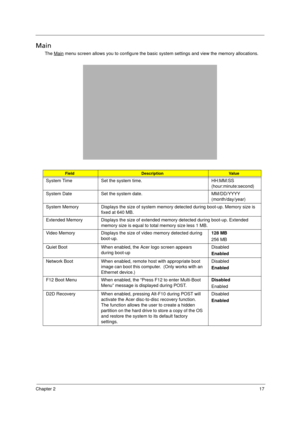 Page 27Chapter 217
Main
The Main menu screen allows you to configure the basic system settings and view the memory allocations.
FieldDescriptionVa l ue
System Time Set the system time. HH:MM:SS 
(hour:minute:second)
System Date Set the system date. MM/DD/YYYY 
(month/day/year)
System Memory Displays the size of system memory detected during boot-up. Memory size is 
fixed at 640 MB.
Extended Memory Displays the size of extended memory detected during boot-up. Extended 
memory size is equal to total memory size...