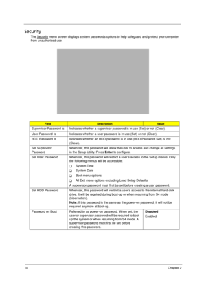 Page 2818Chapter 2
Security
The Security menu screen displays system passwords options to help safeguard and protect your computer 
from unauthorized use.
FieldDescriptionVa l ue
Supervisor Password Is Indicates whether a supervisor password is in use (Set) or not (Clear).
User Password Is Indicates whether a user password is in use (Set) or not (Clear).
HDD Password Is Indicates whether an HDD password is in use (HDD Password Set) or not 
(Clear).
Set Supervisor 
PasswordWhen set, this password will allow the...