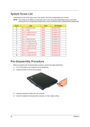 Page 3828Chapter 3
System Screw List
Listed below are the screw types used in this system, plus their corresponding part numbers.
NOTE:  The screws for the different components vary in size. During the disassembly process, group the  
screws with their corresponding components to avoid mismatches when putting back the components.
Pre-disassembly Procedure
Before proceeding with the disassembly procedure, perform the steps listed below:
1.Turn off the power to the computer and all peripherals.
2.Unplug the power...
