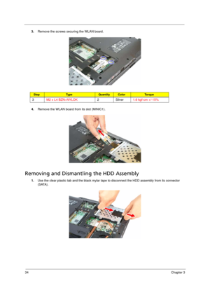 Page 4434Chapter 3
3.Remove the screws securing the WLAN board. 
4.Remove the WLAN board from its slot (MINIC1).
Removing and Dismantling the HDD Assembly   
1.Use the clear plastic tab and the black mylar tape to disconnect the HDD assembly from its connector 
(SATA). 
StepTy p e QuantityColorTo r q u e
3M2 x L4 BZN+NYLOK2 Silver1.6 kgf-cm +/-15%
Acer TM 4520 SG.book  Page 34  Friday, June 22, 2007  5:43 PM 