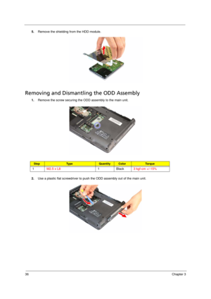 Page 4636Chapter 3
5.Remove the shielding from the HDD module. 
Removing and Dismantling the ODD Assembly   
1.Remove the screw securing the ODD assembly to the main unit.
2.Use a plastic flat screwdriver to push the ODD assembly out of the main unit.
StepTy p e QuantityColorTo r q u e
1M2.5 x L81Black3 kgf-cm +/-15%
Acer TM 4520 SG.book  Page 36  Friday, June 22, 2007  5:43 PM 