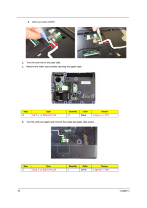 Page 5848Chapter 3
t     LED board cable (LEDB1)
2.Turn the unit over to the base side. 
3.Remove the lower case screws securing the upper case. 
4.Turn the unit over again and remove the single top upper case screw. 
StepTy p e QuantityColorTo r q u e
3M2.5 x L4 BZN+NYLOK11 B l a c k3 kgf-cm +/-15%
StepTy p e QuantityColorTo r q u e
4M2.5 x L4 BZN+NYLOK1 Silver3 kgf-cm +/-15%
Acer TM 4520 SG.book  Page 48  Friday, June 22, 2007  5:43 PM 