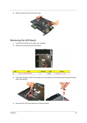 Page 59Chapter 349
5.Detach the upper case from the lower case. 
Removing the LED Board      
1.Locate the LED board on the upper case underside.
2.Remove the screw securing the LED board.   
3.Peel off the LED board cable from the upper case, then grasp the LED board and pull the cable through its 
upper case opening.
4.Disconnect the LED board cable from its board connector.
StepTy p e QuantityColorTo r q u e
2M2 x L3 BZN+NYLOK1 Silver1.6 kgf-cm +/-15%
Acer TM 4520 SG.book  Page 49  Friday, June 22, 2007...