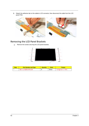 Page 7262Chapter 3
2.Detach the adhesive tab on the cables’s LCD connector, then disconnect the cable from the LCD 
panel PCB.
Removing the LCD Panel Brackets      
TRemove the screws securing the LCD panel brackets.
StepPart Number and Type QuantityColorTo r q u e
*M2 x L3 BZN+NYLOK8 Silver1.6 kgf-cm +/-15% 
Acer TM 4520 SG.book  Page 62  Friday, June 22, 2007  5:43 PM 