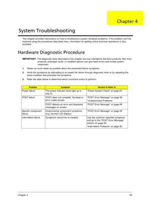 Page 75Chapter 465
This chapter provides instructions on how to troubleshoot system hardware problems. If the problem can’t be 
resolved using the procedures described here, information for getting online technical assistance is also 
provided. 
Hardware Diagnostic Procedure
IMPORTANT:  The diagnostic tests described in this chapter are only intended to test Acer products. Non-Acer 
products, prototype cards, or modified options can give false errors and invalid system 
responses.
1.Obtain as much detail as...