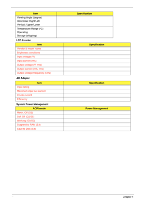 Page 3424Chapter 1
LCD Inverter
AC Adapter
System Power ManagementViewing Angle (degree)
Horizontal: Right/Left
Vertical: Upper/Lower
Temperature Range (°C)
Operating
Storage (shipping)
ItemSpecification
Vendor & model name
Brightness conditions
Input voltage (V)
Input current (mA)
Output voltage (V, rms)
Output current (mA, rms)
Output voltage frequency (k Hz)
ItemSpecification
Input rating
Maximum input AC current
Inrush current 
Efficiency
ACPI modePower Management
Mech. Off (G3)
Soft Off (G2/S5)
Working...