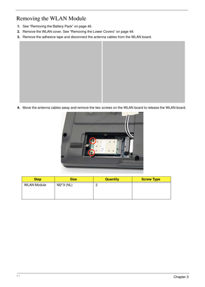 Page 6252Chapter 3
Removing the WLAN Module
1.See “Removing the Battery Pack” on page 46.
2.Remove the WLAN cover. See “Removing the Lower Covers” on page 49.
3.Remove the adhesive tape and disconnect the antenna cables from the WLAN board. 
4.Move the antenna cables away and remove the two screws on the WLAN board to release the WLAN board. 
  
StepSizeQuantityScrew Type
WLAN Module M2*3 (NL) 2 