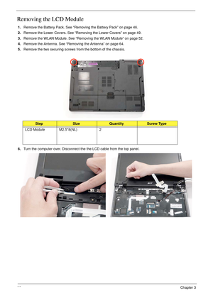 Page 7666Chapter 3
Removing the LCD Module
1.Remove the Battery Pack. See “Removing the Battery Pack” on page 46.
2.Remove the Lower Covers. See “Removing the Lower Covers” on page 49.
3.Remove the WLAN Module. See “Removing the WLAN Module” on page 52.
4.Remove the Antenna. See “Removing the Antenna” on page 64.
5.Remove the two securing screws from the bottom of the chassis.
6.Turn the computer over. Disconnect the the LCD cable from the top panel.
StepSizeQuantityScrew Type
LCD Module M2.5*8(NL) 2 