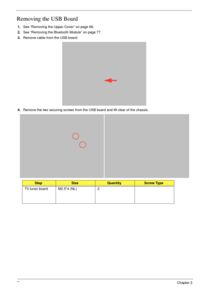 Page 8878Chapter 3
Removing the USB Board
1.See “Removing the Upper Cover” on page 68.
2.See “Removing the Bluetooth Module” on page 77.
3.Remove cable from the USB board.
4.Remove the two securing screws from the USB board and lift clear of the chassis.
StepSizeQuantityScrew Type
TV tuner board M2.5*4 (NL) 2 