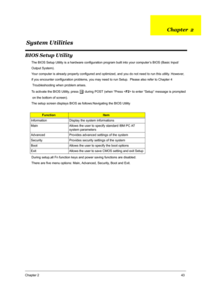 Page 52Chapter 243
BIOS Setup Utility
The BIOS Setup Utility is a hardware configuration program built into your computer’s BIOS (Basic Input/
Output System).
Your computer is already properly configured and optimized, and you do not need to run this utility. However, 
if you encounter configuration problems, you may need to run Setup.  Please also refer to Chapter 4
 Troubleshooting when problem arises. 
To activate the BIOS Utility, press 
m during POST (when “Press  to enter “Setup” message is prompted
 on...