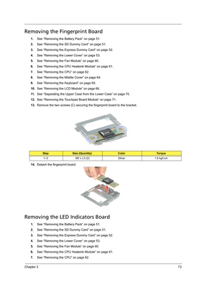 Page 83Chapter 373
Removing the Fingerprint Board
1.See “Removing the Battery Pack” on page 51.
2.See “Removing the SD Dummy Card” on page 51.
3.See “Removing the Express Dummy Card” on page 52.
4.See “Removing the Lower Cover” on page 53.
5.See “Removing the Fan Module” on page 60.
6.See “Removing the CPU Heatsink Module” on page 61.
7.See “Removing the CPU” on page 62.
8.See “Removing the Middle Cover” on page 64.
9.See “Removing the Keyboard” on page 65.
10.See “Removing the LCD Module” on page 66.
11 .See...