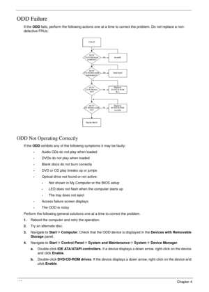 Page 142132Chapter 4
ODD Failure
If the ODD fails, perform the following actions one at a time to correct the problem. Do not replace a non-
defective FRUs:
ODD Not Operating Correctly
If the ODD exhibits any of the following symptoms it may be faulty:
•Audio CDs do not play when loaded 
•DVDs do not play when loaded 
•Blank discs do not burn correctly 
•DVD or CD play breaks up or jumps 
•Optical drive not found or not active: 
•Not shown in My Computer or the BIOS setup 
•LED does not flash when the computer...