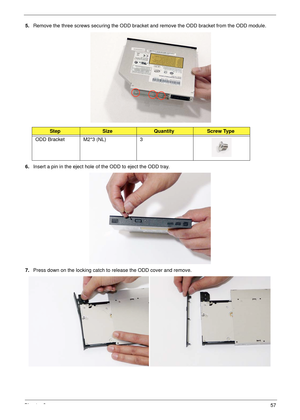 Page 67Chapter 357
5.Remove the three screws securing the ODD bracket and remove the ODD bracket from the ODD module.
 
6.Insert a pin in the eject hole of the ODD to eject the ODD tray.
7.Press down on the locking catch to release the ODD cover and remove.
 
StepSizeQuantityScrew Type
ODD Bracket M2*3 (NL) 3 