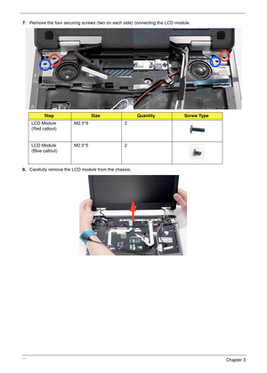 Page 7666Chapter 3
7.Remove the four securing screws (two on each side) connecting the LCD module.
8.Carefully remove the LCD module from the chassis. 
StepSizeQuantityScrew Type
LCD Module
(Red callout)M2.5*9 2
LCD Module
(Blue callout)M2.5*5 2 