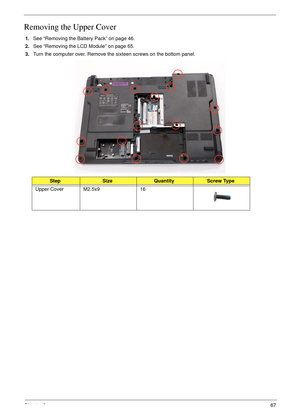 Page 77Chapter 367
Removing the Upper Cover
1.See “Removing the Battery Pack” on page 46.
2.See “Removing the LCD Module” on page 65.
3.Turn the computer over. Remove the sixteen screws on the bottom panel.
 
StepSizeQuantityScrew Type
Upper Cover M2.5x9 16 