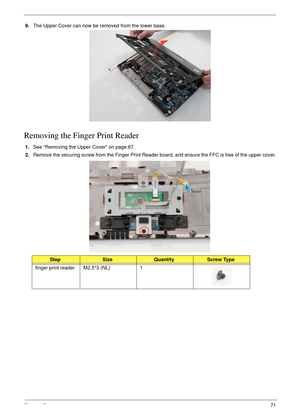 Page 81Chapter 371
9.The Upper Cover can now be removed from the lower base.
Removing the Finger Print Reader
1.See “Removing the Upper Cover” on page 67.
2.Remove the securing screw from the Finger Print Reader board, and ensure the FFC is free of the upper cover.
StepSizeQuantityScrew Type
finger print reader M2.5*3 (NL) 1 