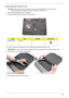 Page 69Chapter 359
Removing the Switch Cover
CAUTION: Using tools to remove the Switch Cover may cause damage to the outer casing. It is 
recommended that only fingers are used to remove the Switch Cover.
1.See “Removing the Battery Pack” on page 46.
2.Locate and remove the five securing screws as shown.
3.Turn the computer over and open the LCD module fully to expose the Switch Cover.
IMPORTANT:The LCD module must be fully open in the horizontal position to remove the switch cover.
4.Lift the Switch Cover as...