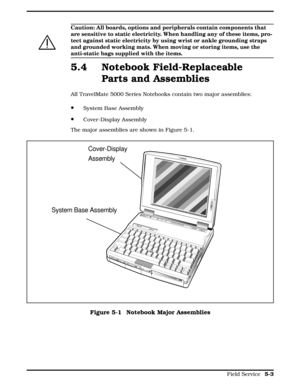 Page 109c
Caution: All boards, options and peripherals contain components that
are sensitive to static electricity. When handling any of these items, pro-
tect against static electricity by using wrist or ankle grounding straps
and grounded working mats. When moving or storing items, use the
anti-static bags supplied with the items.
5.4 Notebook Field-Replaceable
Parts and Assemblies
All TravelMate 5000 Series Notebooks contain two major assemblies: 
· System Base Assembly  
· Cover-Display Assembly
The major...