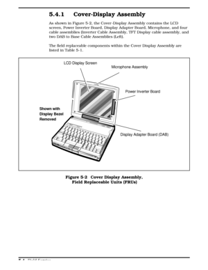 Page 1105.4.1 Cover-Display Assembly
As shown in Figure 5-2, the Cover -Display Assembly contains the LCD
screen, Power Inverter Board, Display Adapter Board, Microphone, and four
cable assemblies (Inverter Cable Assembly, TFT Display cable assembly, and
two DAB to Base Cable Assemblies (Left).
The field replaceable components within the Cover Display Assembly are
listed in Table 5-1.
LCD Display Screen
Power Inverter Board
Shown with 
Display Bezel 
Removed
Microphone Assembly
Display Adapter Board (DAB)
Figure...