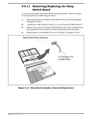 Page 1265.5.11 Removing/Replacing the Sleep
Switch Board
To remove and replace the Sleep Switch Board Assembly, reference Figure
5-14 and perform the following procedure:
1.      Open up the base assembly as described in the previous paragraph
(Paragraph 5.5.6).
2.    Unplug the cable connector from J11 on the Sound/PCMCIA Board. 
3.     Remove the screw securing the LED Board to the metal bracket above
the Expansion Bus Connector. Remove the LED Board assembly.
4.     Replacement is essentially the reverse of...