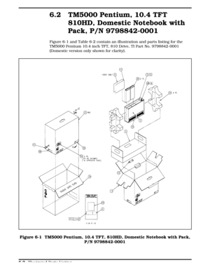 Page 1376.2 TM5000 Pentium, 10.4 TFT
810HD, Domestic Notebook with
Pack, P/N 9798842-0001
Figure 6-1 and Table 6-2 contain an illustration and parts listing for the
TM5000 Pentium 10.4 inch TFT, 810 Drive, TI Part No. 9798842-0001
(Domestic version only shown for clarity).
Figure 6-1 Figure 6-1  TM5000 Pentium, 10.4 TFT, 810HD, Domestic Notebook with Pack,
P/N 9798842-0001
  
6-2 Illustrated Parts Listing 