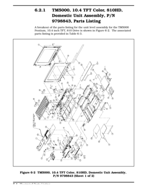 Page 1396.2.1 TM5000, 10.4 TFT Color, 810HD,
Domestic Unit Assembly, P/N
9798843, Parts Listing  
A breakout of the parts listing for the unit level assembly for the TM5000
Pentium, 10.4 inch TFT, 810 Drive is shown in Figure 6-2.  The associated
parts listing is provided in Table 6-3.
Figure 6-2  Notebook Major AssembliesFigure 6-2  TM5000, 10.4 TFT Color, 810HD, Domestic Unit Assembly, 
P/N 9798843 (Sheet 1 of 2)
  
6-4 Illustrated Parts Listing 