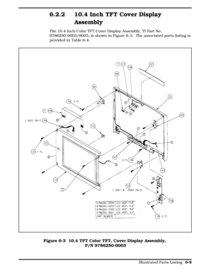 Page 1446.2.2 10.4 Inch TFT Cover Display
Assembly
The 10.4 Inch Color TFT Cover Display Assembly, TI Part No.
9786250-0003/8003, is shown in Figure 6-3.  The associated parts listing is
provided in Table 6-4.
Figure 6-3 Figure 6-3  10.4 TFT Color TFT, Cover Display Assembly, 
P/N 9786250-0003
  
Illustrated Parts Listing 6-9 