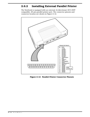 Page 742.6.2 Installing External Parallel Printer
The Notebook is equipped with an external, bi-directional, ECC/EPP
compatible, 25-pin parallel printer port. The connector pinouts and
connector location are shown in Figure 2-12.  
Figure 2-12  Parallel Printer Connector Pinouts
  
2-14 Installation 