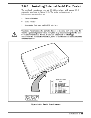 Page 752.6.3 Installing External Serial Port Device 
The notebook contains an external RS-232 serial port with a male DB-9
connector as shown in Figure 2-13. The serial ports are used to
interconnect such devices as: 
·External Modem
·Serial Printer
·Any device that uses an RS-232 interface
c
Caution:  Never connect a parallel device to a serial port or a serial de-
vice to a parallel port or video port; this may cause damage to the note-
book and/or external device. If you are uncertain of what type
connector...