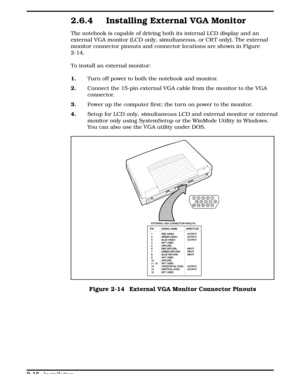 Page 762.6.4 Installing External VGA Monitor
The notebook is capable of driving both its internal LCD display and an
external VGA monitor (LCD only, simultaneous, or CR T only). The external
monitor connector pinouts and connector locations are shown in Figure
2-14. 
To install an external monitor:
1.Turn off power to both the notebook and monitor.
2.Connect the 15-pin external VGA cable from the monitor to the VGA
connector.
3.Power up the computer first; the turn on power to the monitor.
4.Setup for LCD only,...