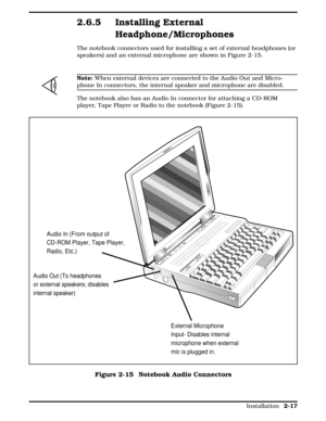 Page 772.6.5 Installing External
Headphone/Microphones
The notebook connectors used for installing a set of external headphones (or
speakers) and an external microphone are shown in Figure 2-15.
n
Note: When external devices are connected to the Audio Out and Micro-
phone In connectors, the internal speaker and microphone are disabled.
The notebook also has an Audio In connector for attaching a CD-ROM
player, Tape Player or Radio to the notebook (Figure 2-15).
Audio In (From output of 
CD-ROM Player, Tape...