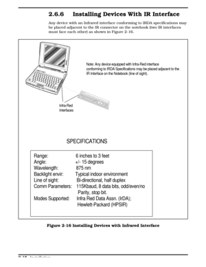 Page 782.6.6 Installing Devices With IR Interface
Any device with an Infrared interface conforming to IRDA specifications may
be placed adjacent to the IR connector on the notebook (two IR interfaces
must face each other) as shown in Figure 2-16.
Note: Any device equipped with Infra-Red interface
conforming to IRDA Specifications may be placed adjacent to the 
IR Interface on the Notebook (line of sight).
Infra-Red
Interfaces
 
Range:                       6 inches to 3 feet
Angle:                        +/- 15...