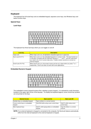 Page 9Chapter 13
Keyboard
The keyboard has full-sized keys and an embedded keypad, separate cursor keys, two Windows keys and 
twelve function keys.
Special Keys
Lock Keys
The keyboard has three lock keys which you can toggle on and off.
Embedded Numeric Keypad
The embedded numeric keypad functions like a desktop numeric keypad.  It is indicated by small characters 
located on the upper right corner of the keycaps.  To simplify the keyboard legend, cursor-control key symbols 
are not printed on the keys.
NOTE:...