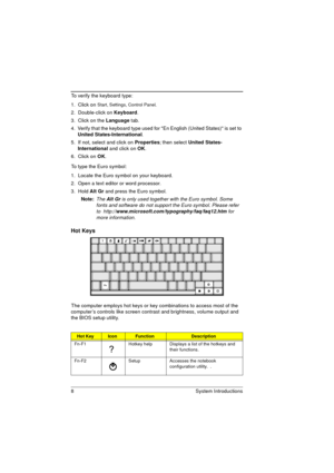 Page 168 System Introductions
To verify the keyboard type:
1.  Click on 
Start, Settings, Control Panel.
2.  Double-click on Keyboard.
3.  Click on the Language tab.
4.  Verify that the keyboard type used for En English (United States) is set to 
United States-International. 
5.  If not, select and click on Properties; then select United States-
International and click on OK.
6.  Click on OK.
To type the Euro symbol:
1.  Locate the Euro symbol on your keyboard.
2.  Open a text editor or word processor.
3.  Hold...