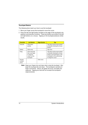 Page 2012 System Introductions
Touchpad Basics
The following items teach you how to use the touchpad:
1.  Move your finger across the touchpad to move the cursor.
2.  Press the left and right buttons located on the edge of the touchpad to do 
selection and execution functions.  These two buttons are similar to the left 
and right buttons on a mouse.  Tapping on the touchpad produces similar 
results. 
Note: 
Keep your fingers dry and clean when using the touchpad.  Also 
keep the touchpad dry and clean.  The...