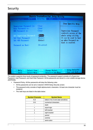 Page 60Chapter 250
Security
The system supports three levels of password protection. The password support consists of a Supervisor 
Password, User Password, and Hard Disk Password. All the passwords are stored in a non-volatile storage device 
(EEPROM).
•Password Policy: All the passwords will obey the following rules:
•All the passwords can be set or cleared in BIOS Setup Security screen.
•The password entry consists of eight alphanumeric characters. At least one character must be 
assigned.
•The valid keys...