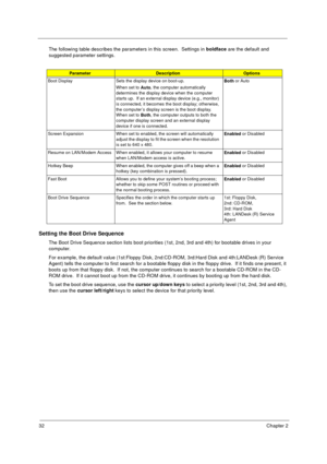 Page 3832Chapter 2
The following table describes the parameters in this screen.  Settings in boldface are the default and 
suggested parameter settings.
Setting the Boot Drive Sequence
The Boot Drive Sequence section lists boot priorities (1st, 2nd, 3rd and 4th) for bootable drives in your 
computer.
For example, the default value (1st:Floppy Disk, 2nd:CD-ROM, 3rd:Hard Disk and 4th:LANDesk (R) Service 
Agent) tells the computer to first search for a bootable floppy disk in the floppy drive.  If it finds one...